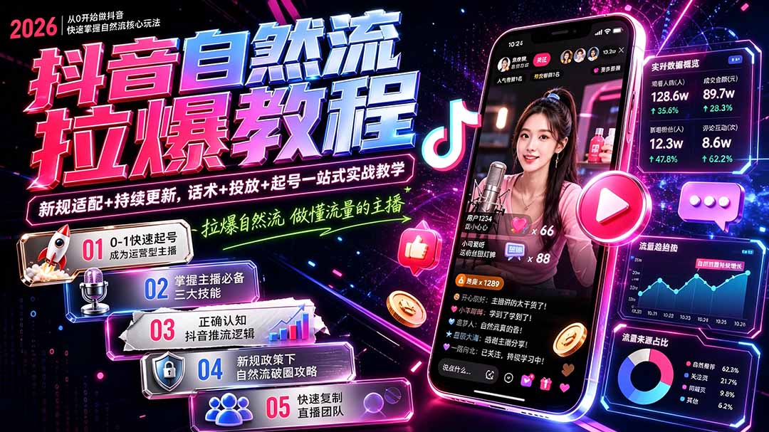 抖音自然流拉爆教程-更新8月：做懂流量的主播，新规适配+持续更新，话术+投放+起号一站式实战教学-资源共享