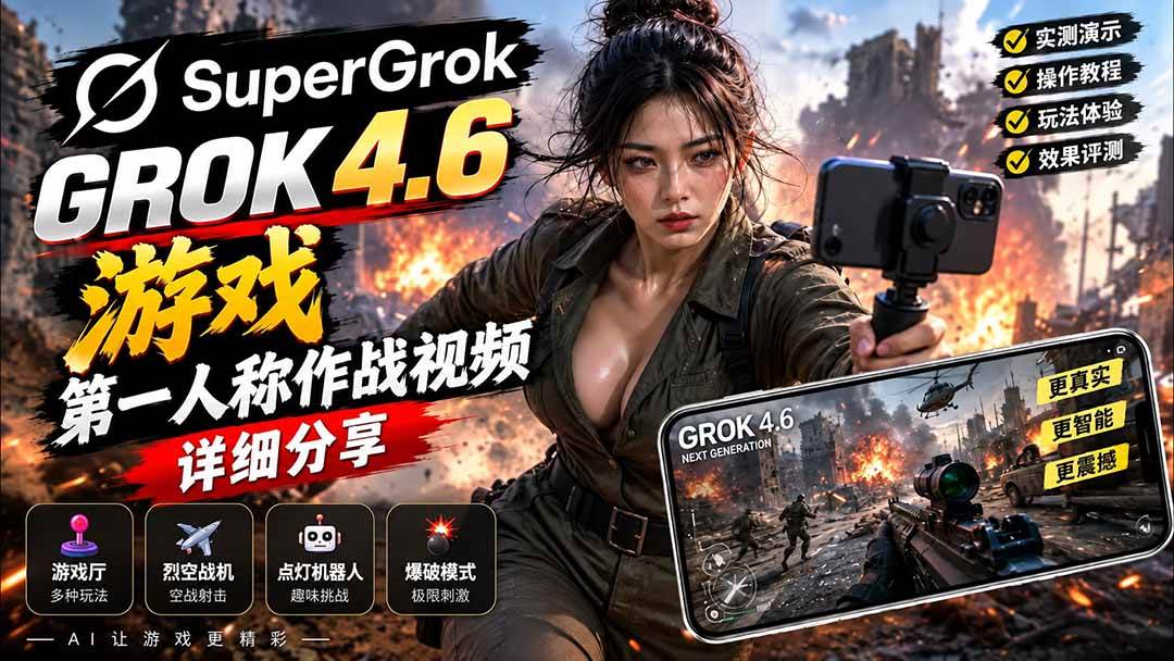 （20502期）Grok 4.6 也能做游戏？第一人称作战视频实测｜玩法详细讲解-资源共享