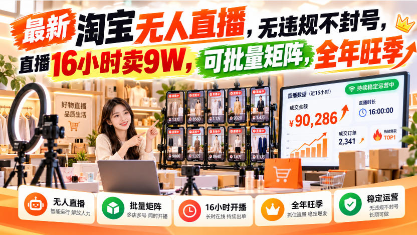 最新淘宝无人直播,无违规不封号,直播16小时卖9W,可批量矩阵,全年旺季【揭秘】-资源共享