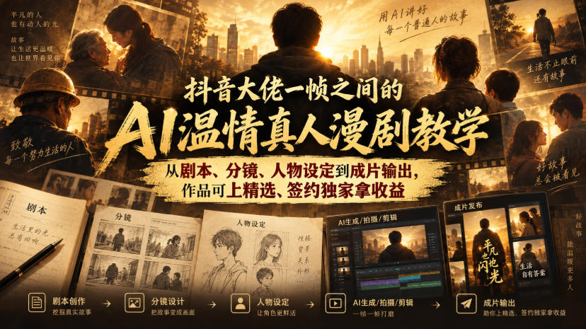 抖音大佬一帧之间的AI温情真人漫剧教学，从剧本、分镜、人物设定到成片输出，作品可上精选、签约独家拿收益-资源共享