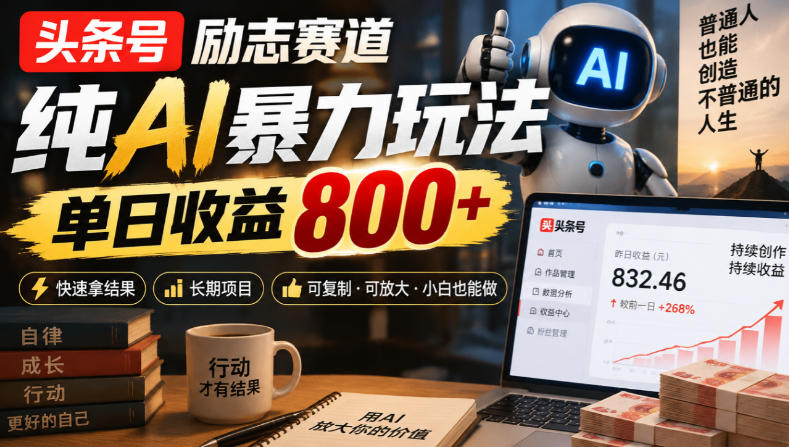 头条号励志赛道,纯AI暴力玩法,单日收益800+,快速拿结果,长期项目-资源共享