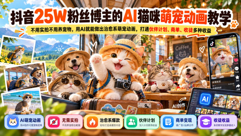 抖音25W粉丝博主的AI猫咪萌宠动画教学，不用实拍不用养宠物，用AI就能做出治愈系萌宠动画，打通伙伴计划、商单、收徒多种收益-资源共享