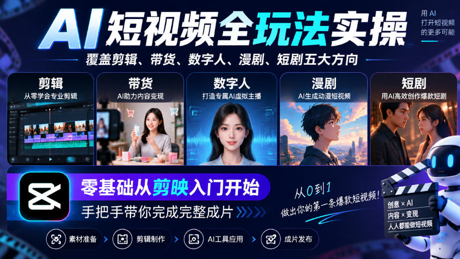 AI短视频全玩法实操,覆盖剪辑、带货、数字人、漫剧、短剧五大方向,零基础从剪映入门开始,手把手带你完成完整成片-资源共享