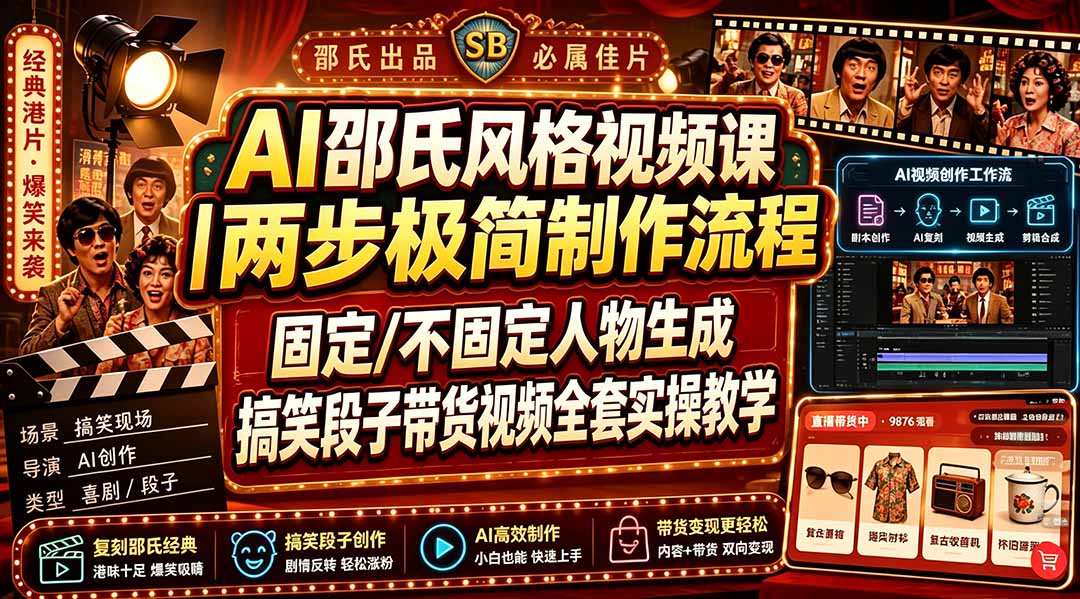 AI邵氏风格视频课｜两步极简制作流程，固定/不固定人物生成，搞笑段子带货视频全套实操教学-资源共享