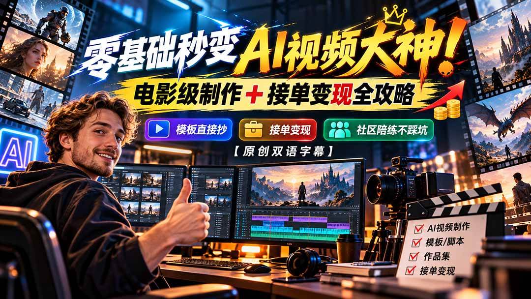 (20897期)零基础秒变AI视频大神!电影级制作 + 接单变现全攻略,模板直接抄,社区陪练不踩坑【原创双语字幕】-资源共享