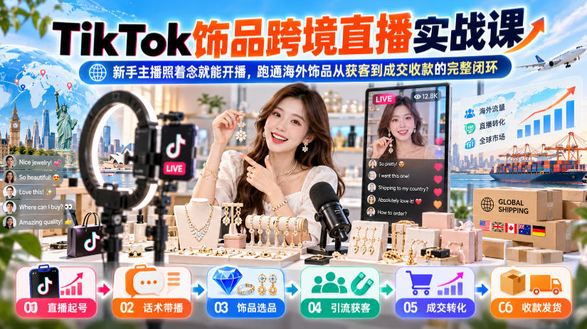 TikTok饰品跨境直播实战课，新手主播照着念就能开播，跑通海外饰品从获客到成交收款的完整闭环-资源共享