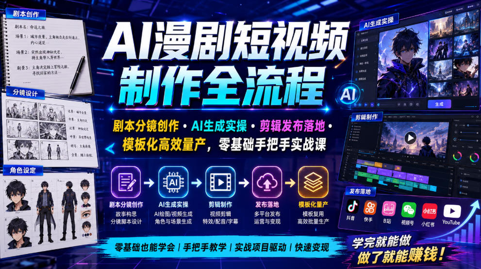 AI漫剧短视频制作全流程｜剧本分镜创作・AI生成实操・剪辑发布落地・模板化高效量产，零基础手把手实战课-资源共享