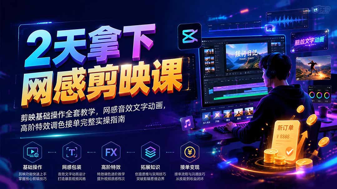 2天拿下网感剪辑课|剪映基础操作全套教学,网感音效文字动画,高阶特效调色接单完整实操指南-资源共享