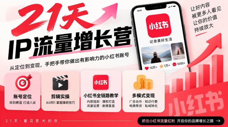 21天IP流量增长营，小红书全链路教学，账号定位剪辑实操，多模式变现系统课-资源共享