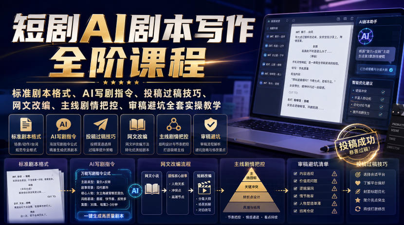 短剧AI剧本写作全阶课程|标准剧本格式、AI写剧指令、投稿过稿技巧、网文改编、主线剧情把控、审稿避坑全套实操教学-资源共享