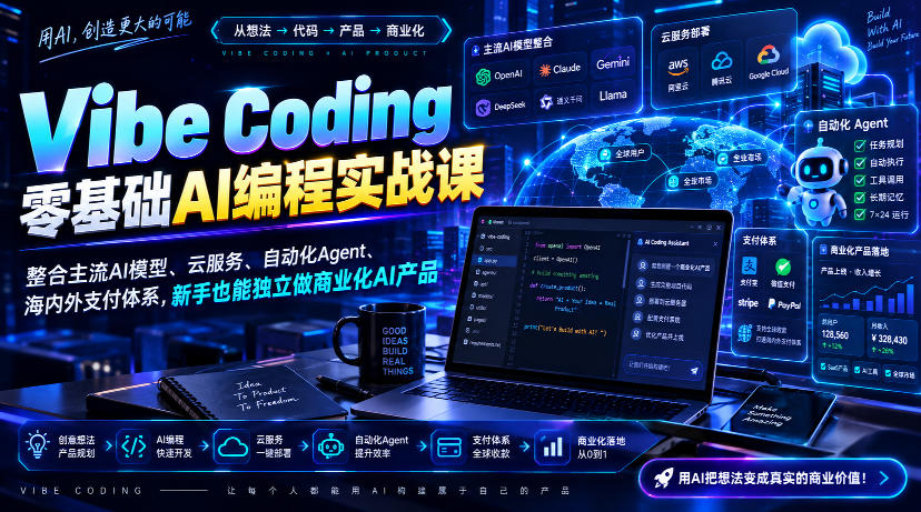 Vibe Coding零基础AI编程实战课-无水印，整合主流AI模型、云服务、自动化Agent、海内外支付体系，新手也能独立做商业化AI产品-资源共享
