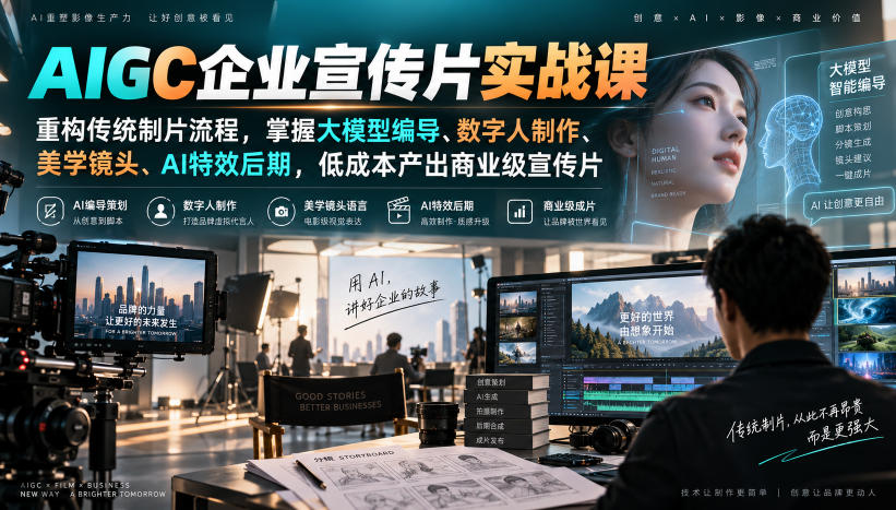 AIGC企业宣传片实战课,重构传统制片流程,掌握大模型编导、数字人制作、美学镜头、AI特效后期,低成本产出商业级宣传片-资源共享