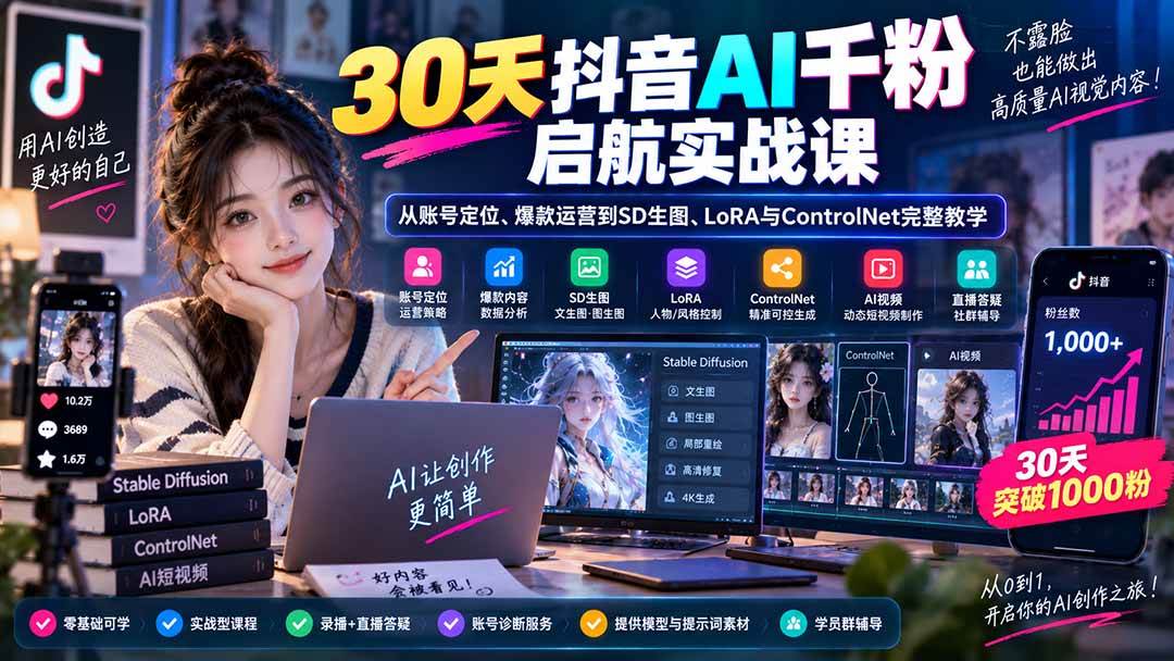 （20291期）30天抖音AI千粉启航实战课：从账号定位、爆款运营到SD生图、LoRA与ControlNet完整教学-资源共享