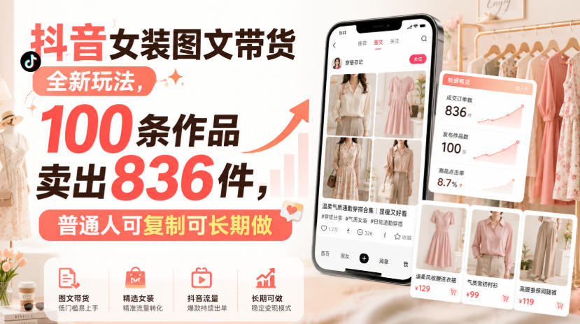 抖音女装图文带货全新玩法,100条作品卖出836件,普通人可复制可长期做-资源共享