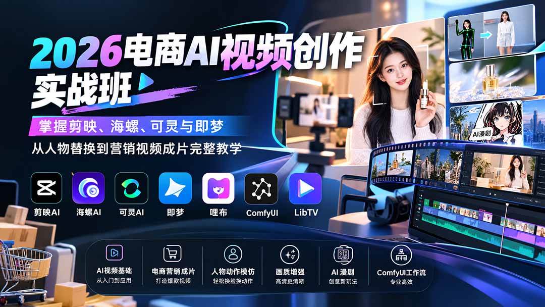 （20466期）2026电商AI视频创作实战班：掌握剪映、海螺、可灵与即梦，从人物替换到营销视频成片完整教学-资源共享