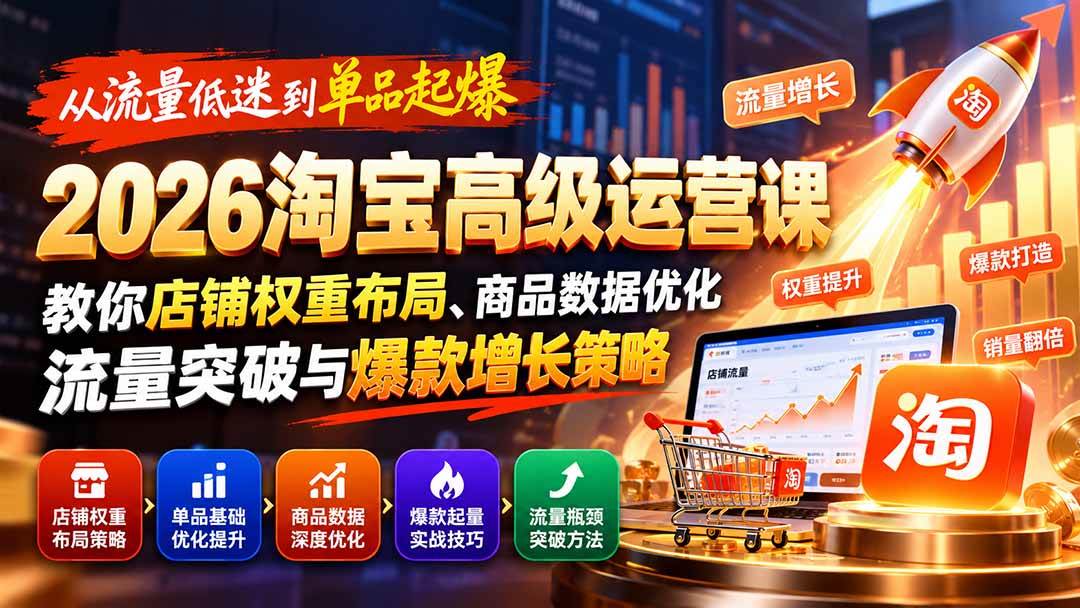 （20952期）从流量低迷到单品起爆：2026淘宝高级运营课教你店铺权重布局、商品数据优化、流量突破与爆款增长策略-资源共享
