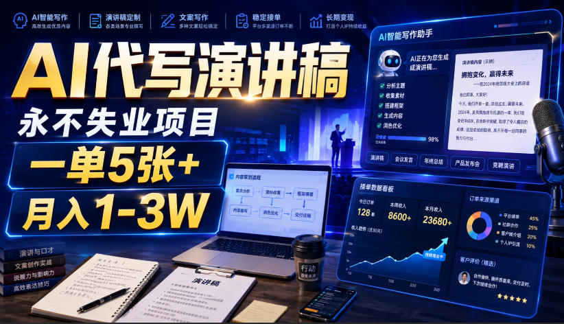 AI代写演讲稿,永不失业项目,一单5张+,月入1-3W【揭秘】-资源共享