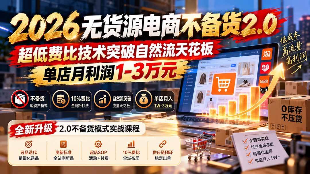(20896期)2026无货源电商不备货2.0【更新1010】:超低费比技术突破自然流天花板,单店月利润1-3万元-资源共享