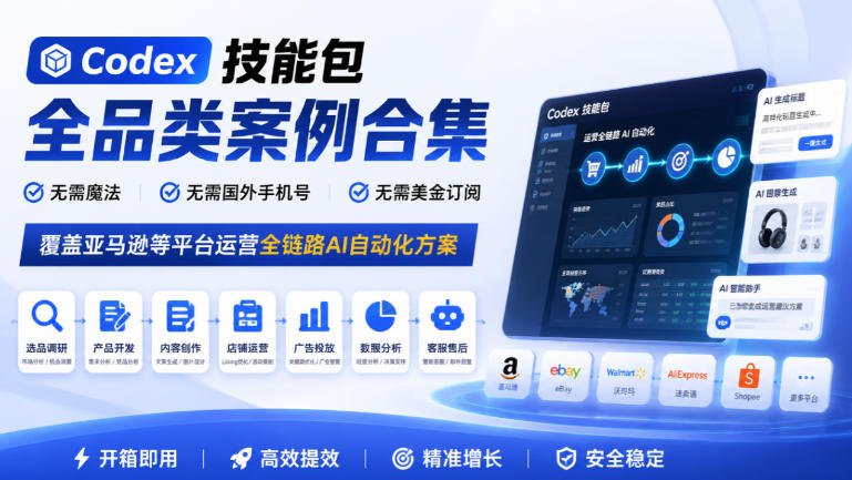Codex技能包全品类案例合集，无需魔法、无需国外手机号、无需美金订阅，覆盖亚马逊等平台运营全链路AI自动化方案-资源共享