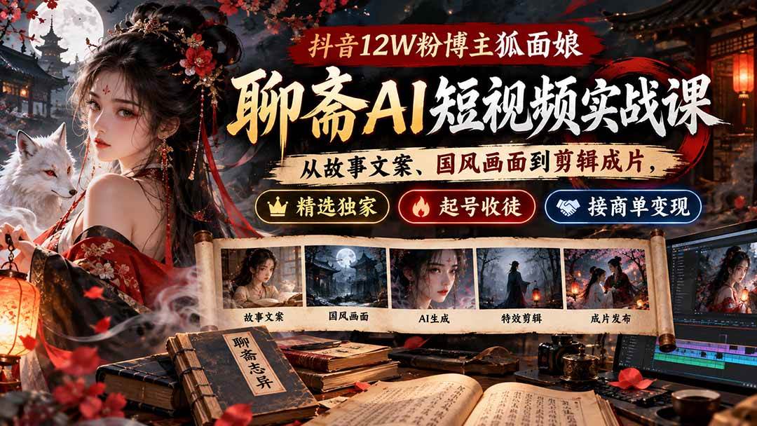 (20639期)抖音12W粉博主狐面娘-聊斋AI短视频实战课:从故事文案、国风画面到剪辑成片,精选独家+起号收徒+接商单变现-资源共享