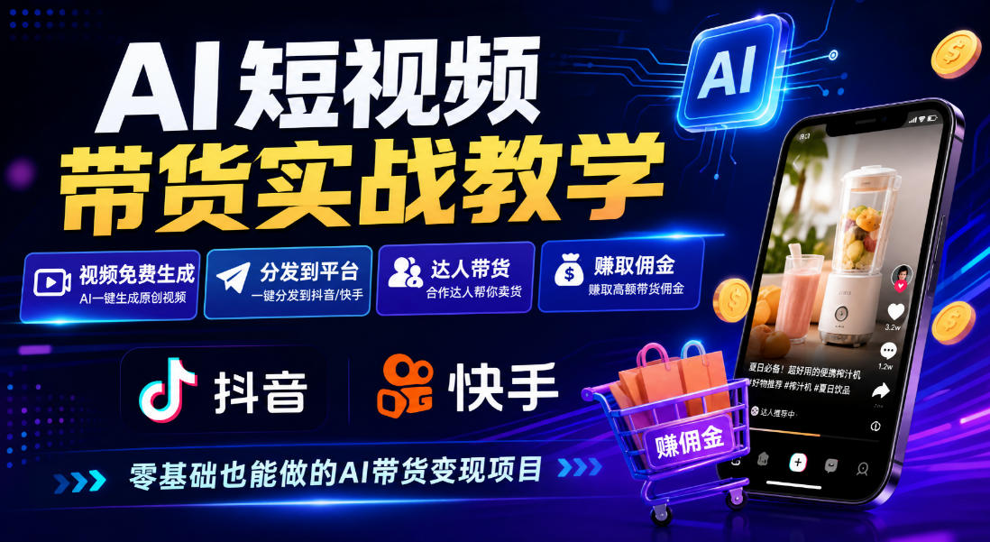 AI短视频带货实战教学，视频免费生成，分发到抖音快手平台，达人带货賺佣金-资源共享
