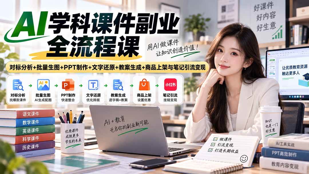 （20469期）AI学科课件副业全流程课｜对标分析+批量生图+PPT制作+文字还原+教案生成+商品上架与笔记引流变现-资源共享