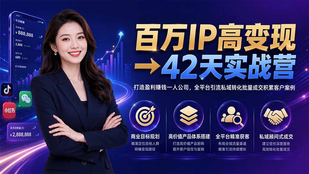 百万IP高变现→42天实战营|打造盈利赚钱一人公司,全平台引流私域转化批量成交积累客户案例-资源共享