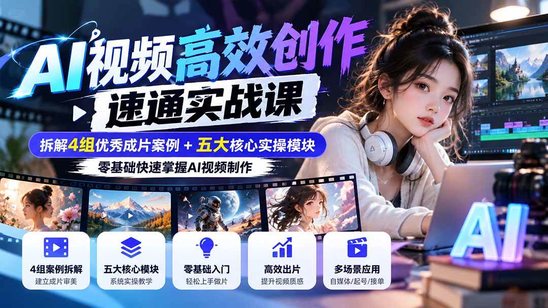 (20819期)【无水印】AI视频高效创作速通实战课:拆解4组优秀成片案例+五大核心实操模块,零基础快速掌握AI视频制作-资源共享