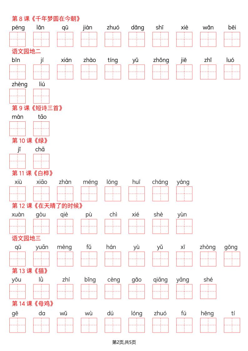 四年级下册语文看拼音写词语--识字表-资源共享