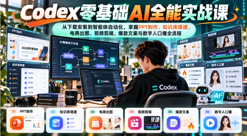 Codex零基础AI全能实战课：从下载安装到智能体自动化，掌握知识库搭建、电商出图、视频剪辑、爆款文案与数字人口播全流程-资源共享