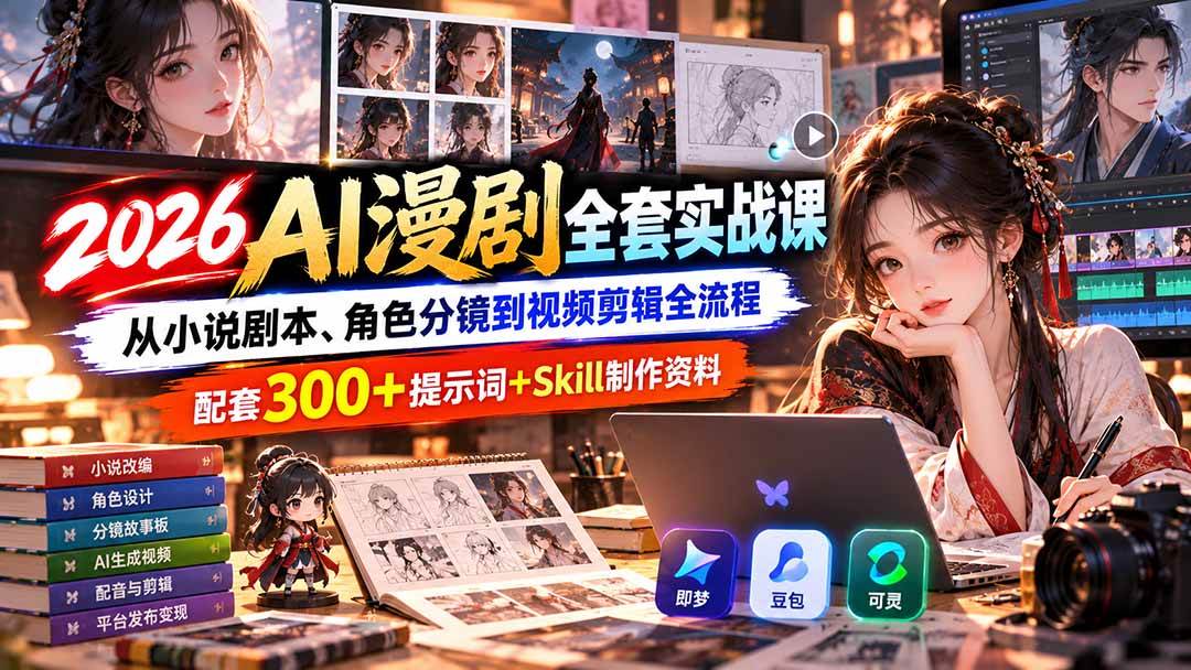 （20629期）2026AI漫剧全套实战课：从小说剧本、角色分镜到视频剪辑全流程，配套300+提示词+Skill制作资料-资源共享