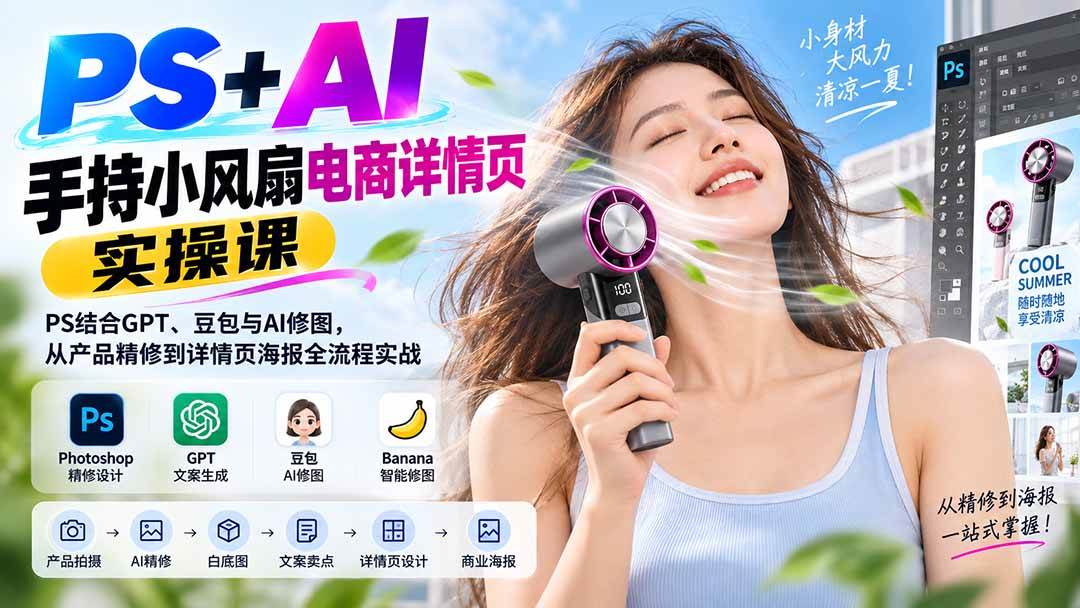 (20273期)PS+AI手持小风扇电商详情页实操课:PS结合GPT、豆包与AI修图,从产品精修到详情页海报全流程实战-资源共享