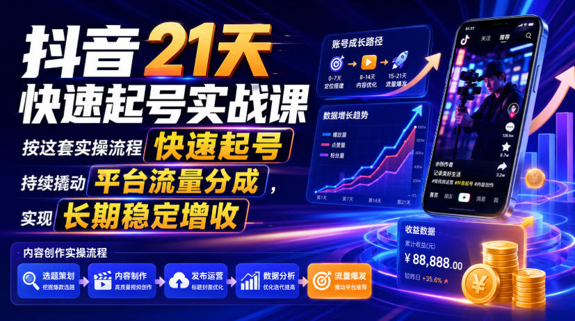 抖音21天快速起号实战课，按这套实操流程快速起号，持续撬动平台流量分成，实现长期稳定增收-资源共享