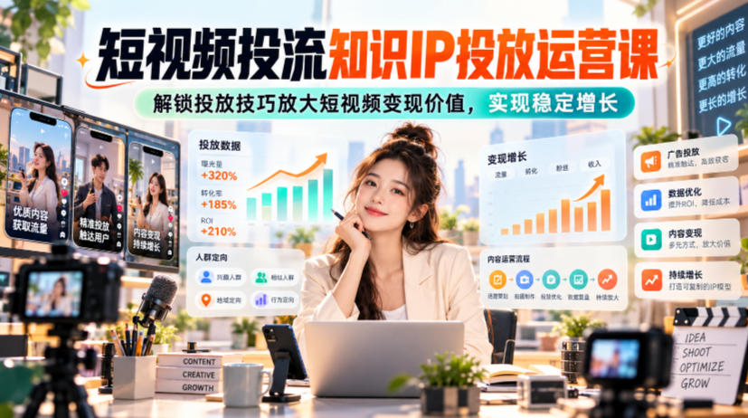 短视频投流知识IP投放运营课,解锁投放技巧放大短视频变现价值,实现稳定增长-资源共享