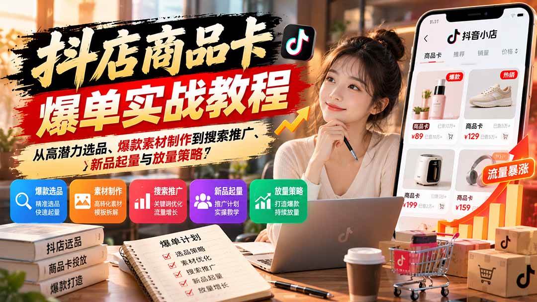 （21148期）抖店商品卡爆单实战教程：从高潜力选品、爆款素材制作到搜索推广、新品起量与放量策略-资源共享