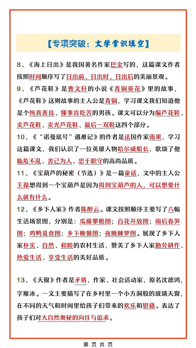 四年级下语文文学常识填空专项-资源共享