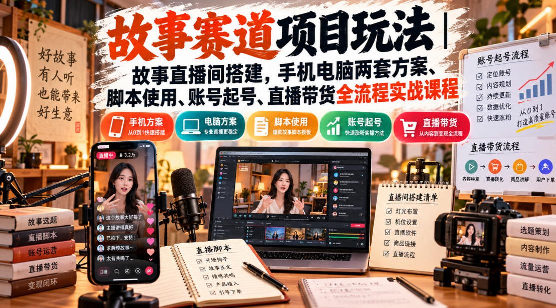故事赛道项目玩法｜故事直播间搭建，手机电脑两套方案、脚本使用、账号起号、直播带货全流程实战课程-资源共享