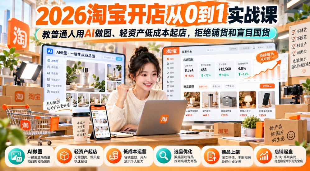 2026淘宝开店从0到1实战课，教普通人用AI做图、轻资产低成本起店，拒绝铺货和盲目囤货-资源共享