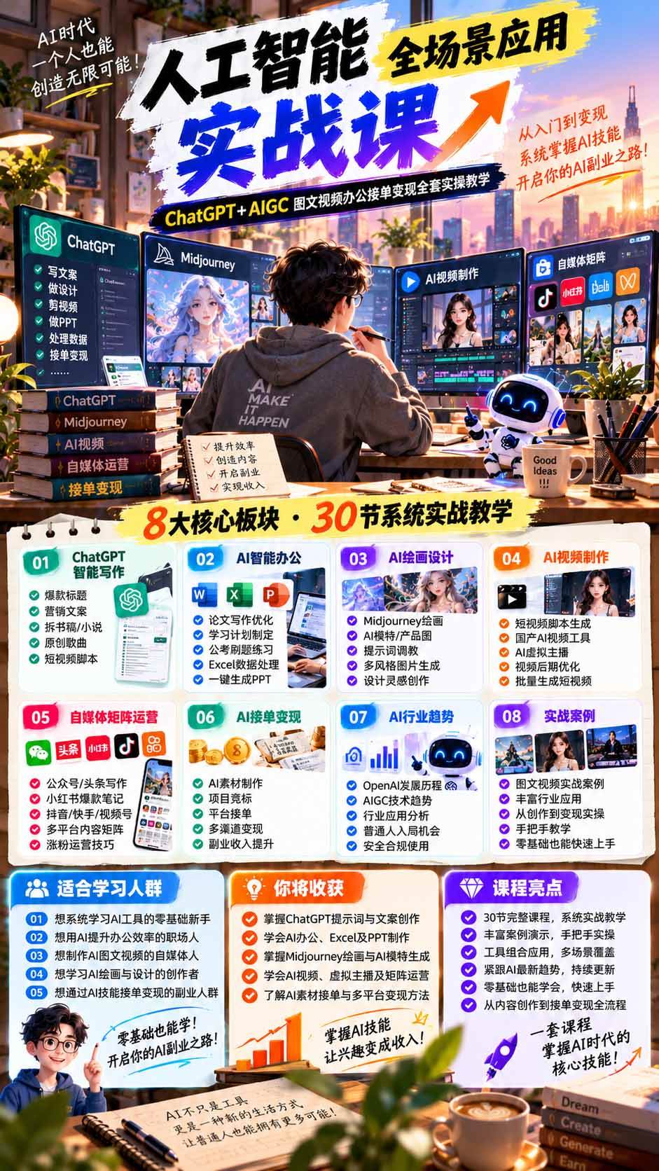 (21029期)一个人掌握AI写作设计剪辑全套技能:从ChatGPT办公、AI绘画到虚拟主播、自媒体运营及接单变现-资源共享