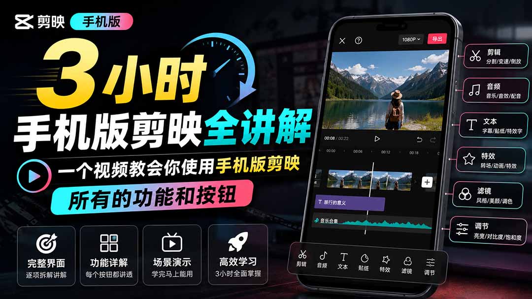 3小时手机版剪映全讲解，一个视频教会你使用手机版剪映，所有的功能和按钮-资源共享