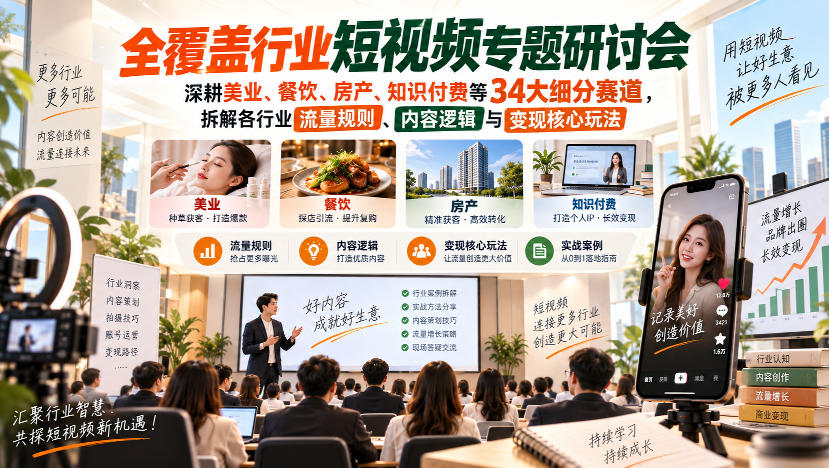 短视频专题研讨会，深耕美业、餐饮、房产、知识付费等34大细分赛道，拆解各行业流量规则、内容逻辑与变现核心玩法-资源共享
