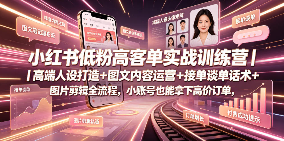 小红书低粉高客单实战训练营｜高端人设打造+图文内容运营+接单谈单话术+图片剪辑全流程，小账号也能拿下高价订单-资源共享