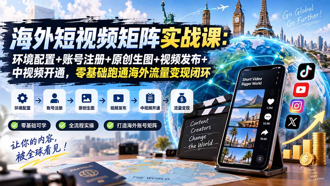 海外短视频矩阵实战课:环境配置+账号注册+原创生图+视频发布+中视频开通,零基础跑通海外流量变现闭环-资源共享