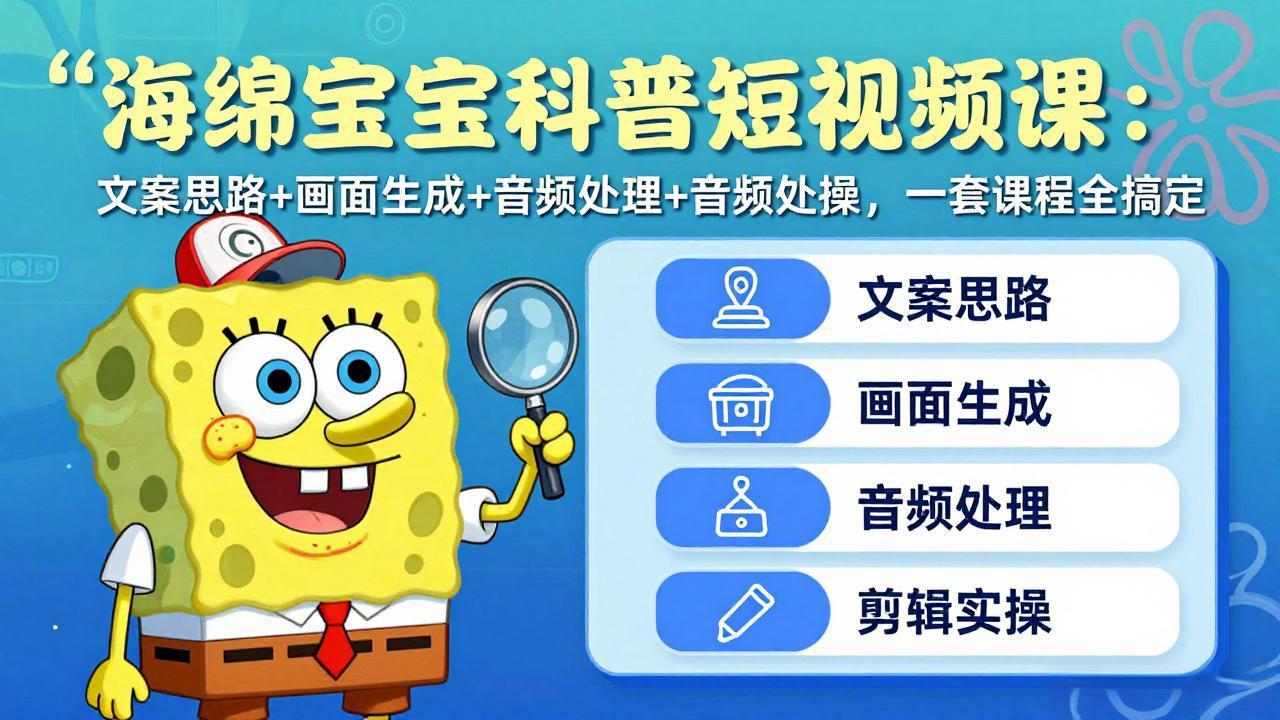 海绵宝宝科普短视频课：文案思路+画面生成+音频处理+剪辑实操，一套课程全搞定-资源共享