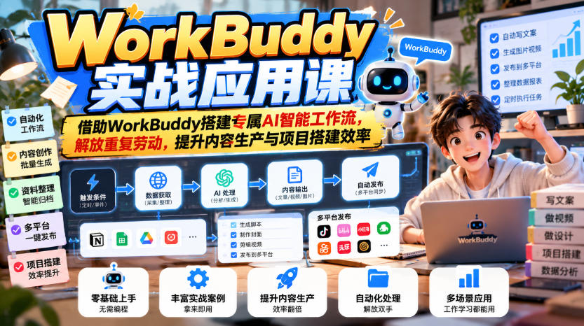 WorkBuddy实战应用课，借助WorkBuddy搭建专属AI智能工作流，解放重复劳动，提升内容生产与项目搭建效率-资源共享
