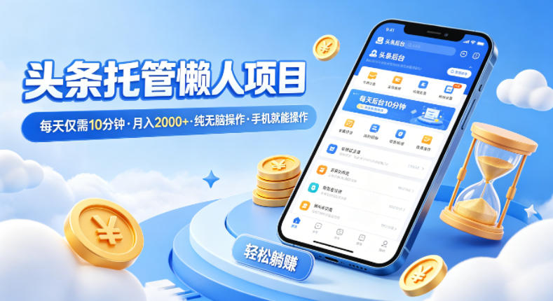 头条托管懒人项目，每天仅需10分钟，月入2000+，纯无脑操作，手机就能操作【揭秘】-资源共享