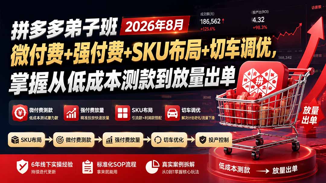 拼多多弟子班2026年8月:微付费+强付费+SKU布局+切车调优,掌握从低成本测款到放量出单-资源共享