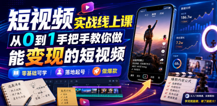 短视频实战线上课，从0到1手把手教你做能变现的短视频，零基础可学，落地起号做爆款-资源共享