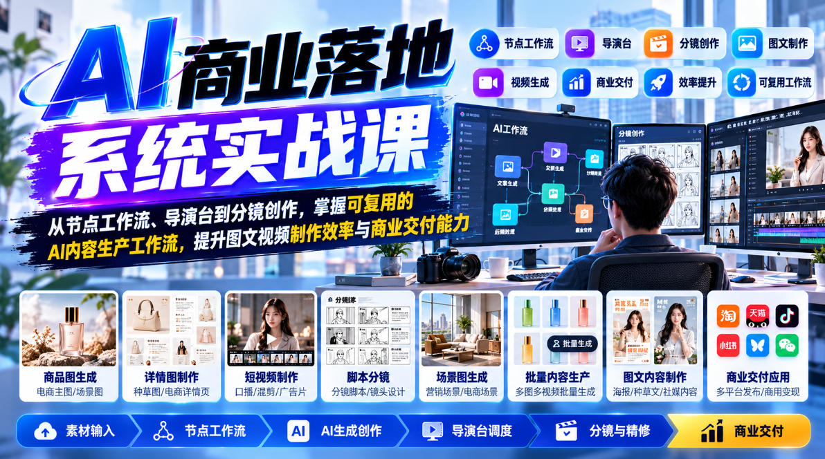 【无水印】AI商业落地系统实战课,从节点工作流、导演台到分镜创作,掌握可复用的AI内容生产工作流,提升图文视频制作效率与商业交付能力-资源共享