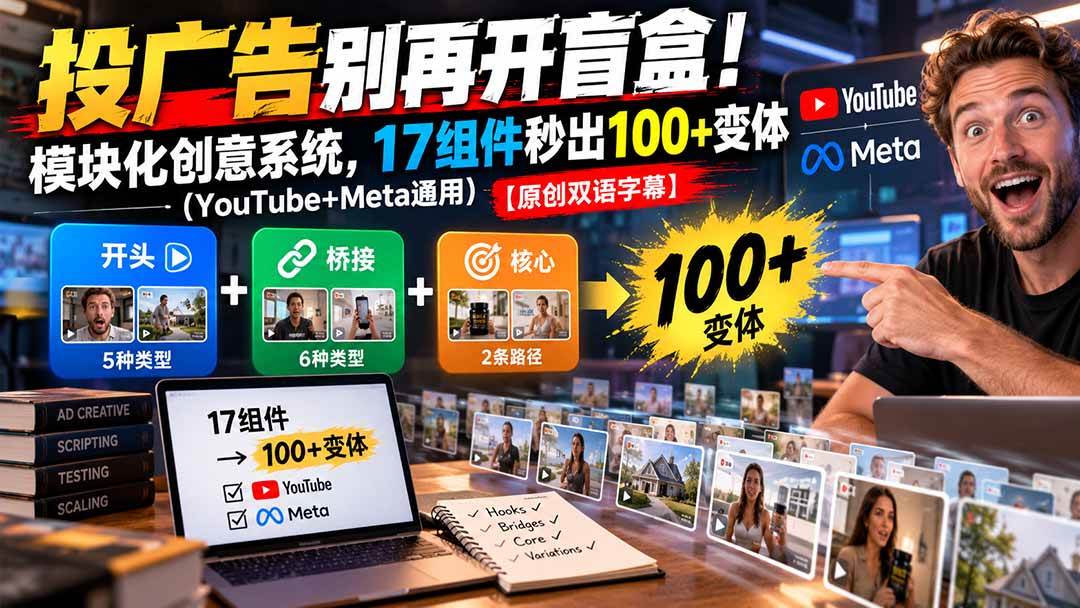 （20840期）投广告别再开盲盒！模块化创意系统，17组件秒出100+变体（YouTube+Meta通用）【原创双语字幕】-资源共享